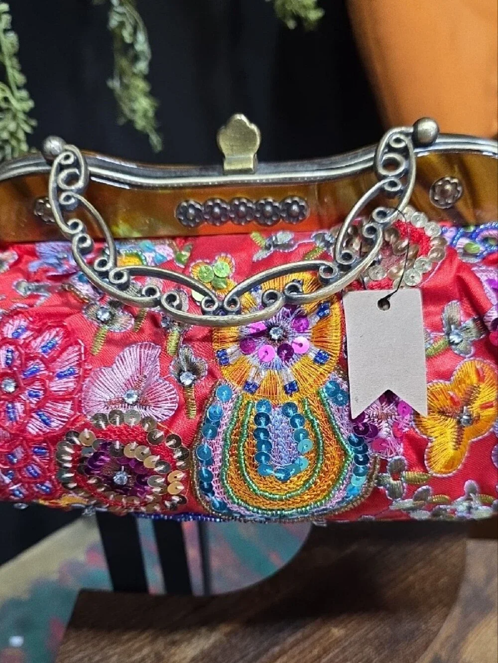 Embroidered Red Satin Floral Kiss-Lock Clutch
